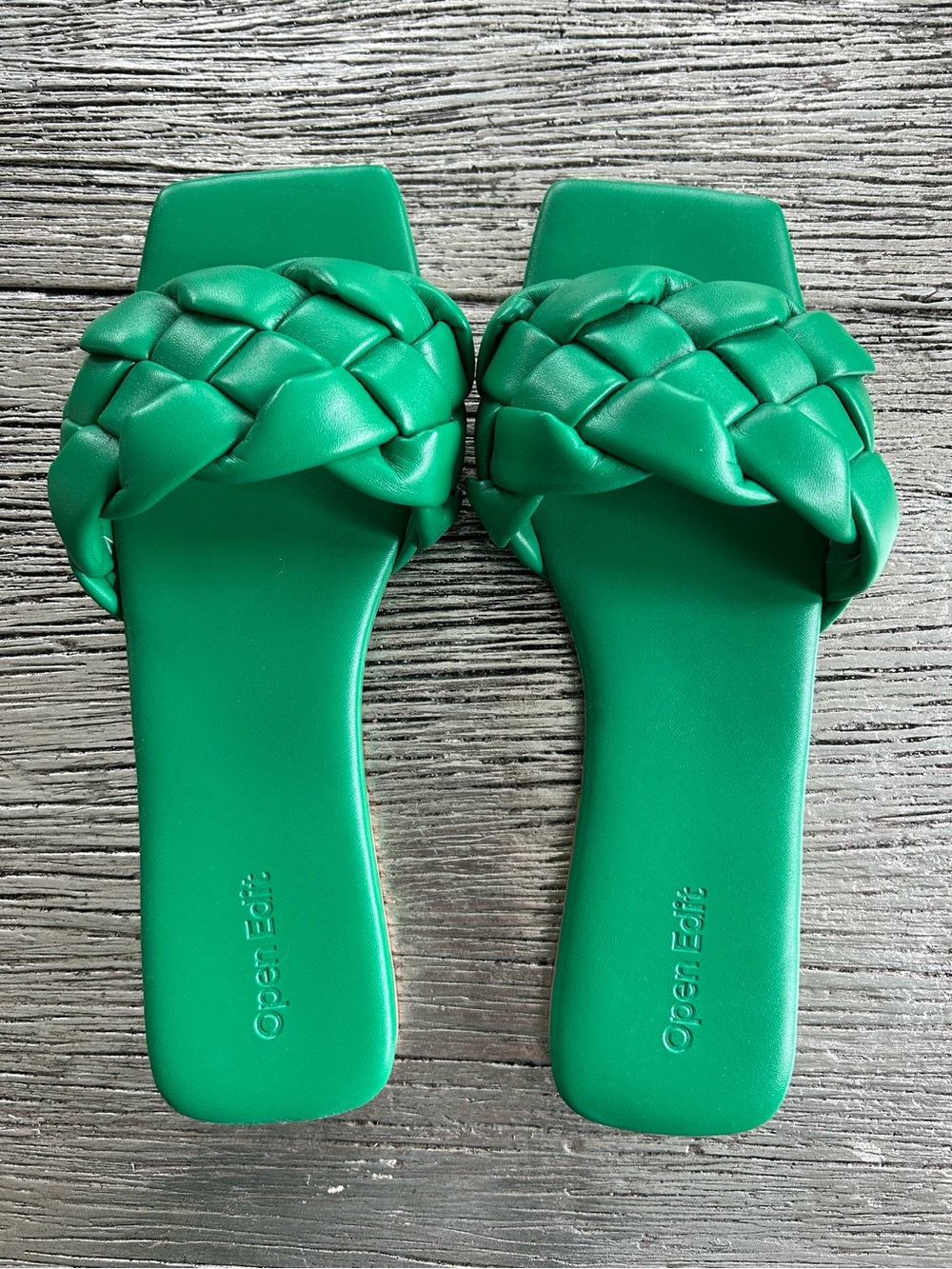 Open Edit Green Braided Square-Toe Slide Sandals